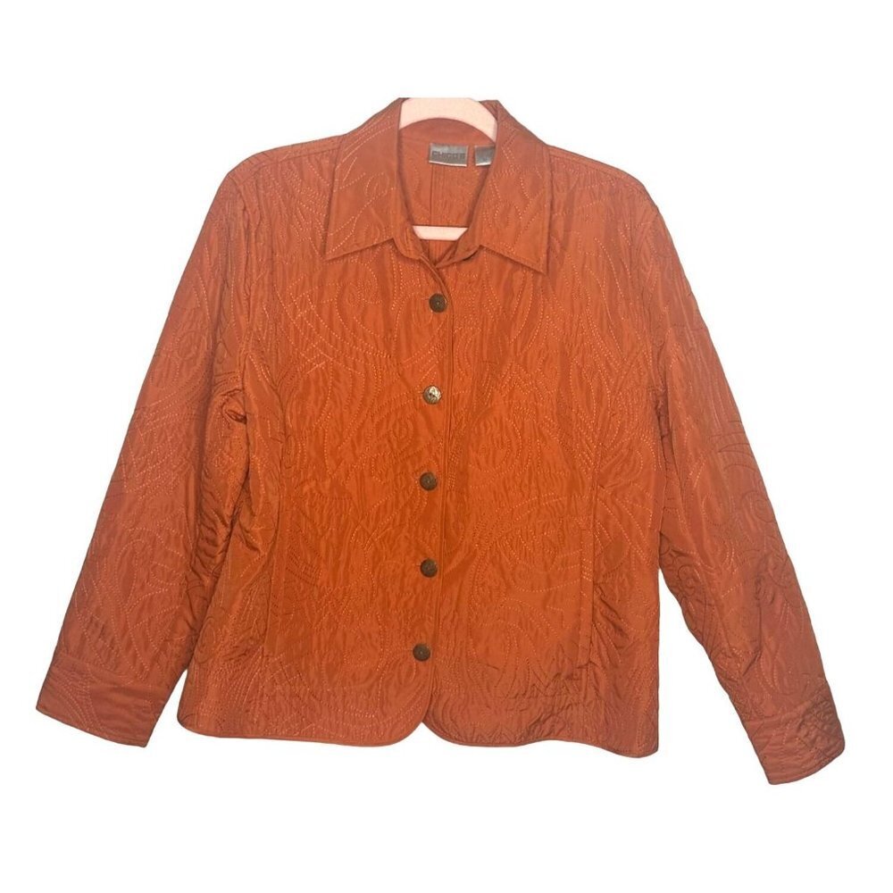 Chico's women's m burnt orange button quilted blazer retro fall granny
